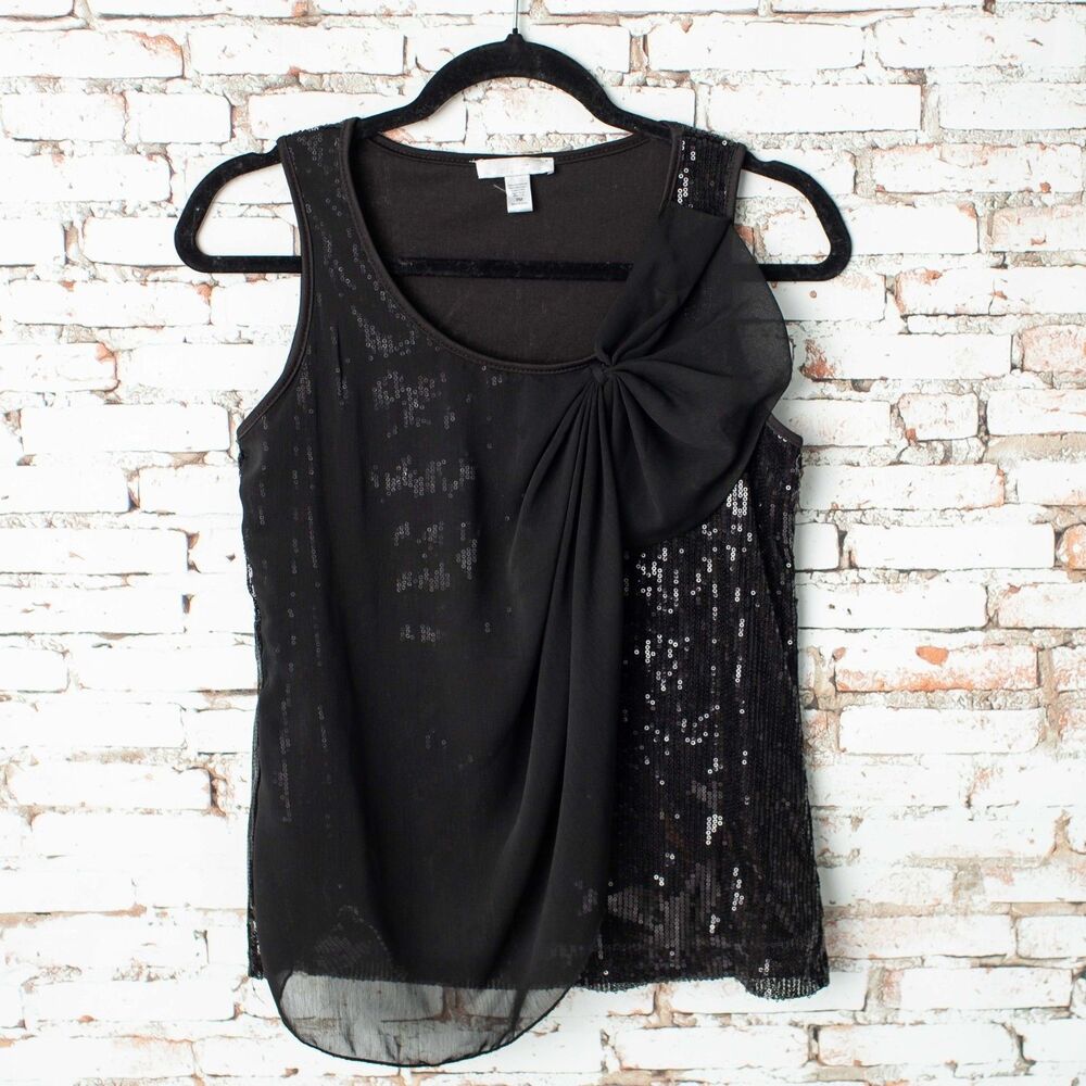 Forever Fashion Black Sequin Bow Blouse Top Women PM Petite Medium Sleeveless Pa